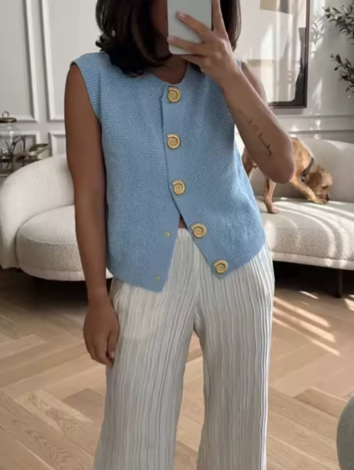 Blue Chunky Knit Gilet with Seashell Buttons the style manager