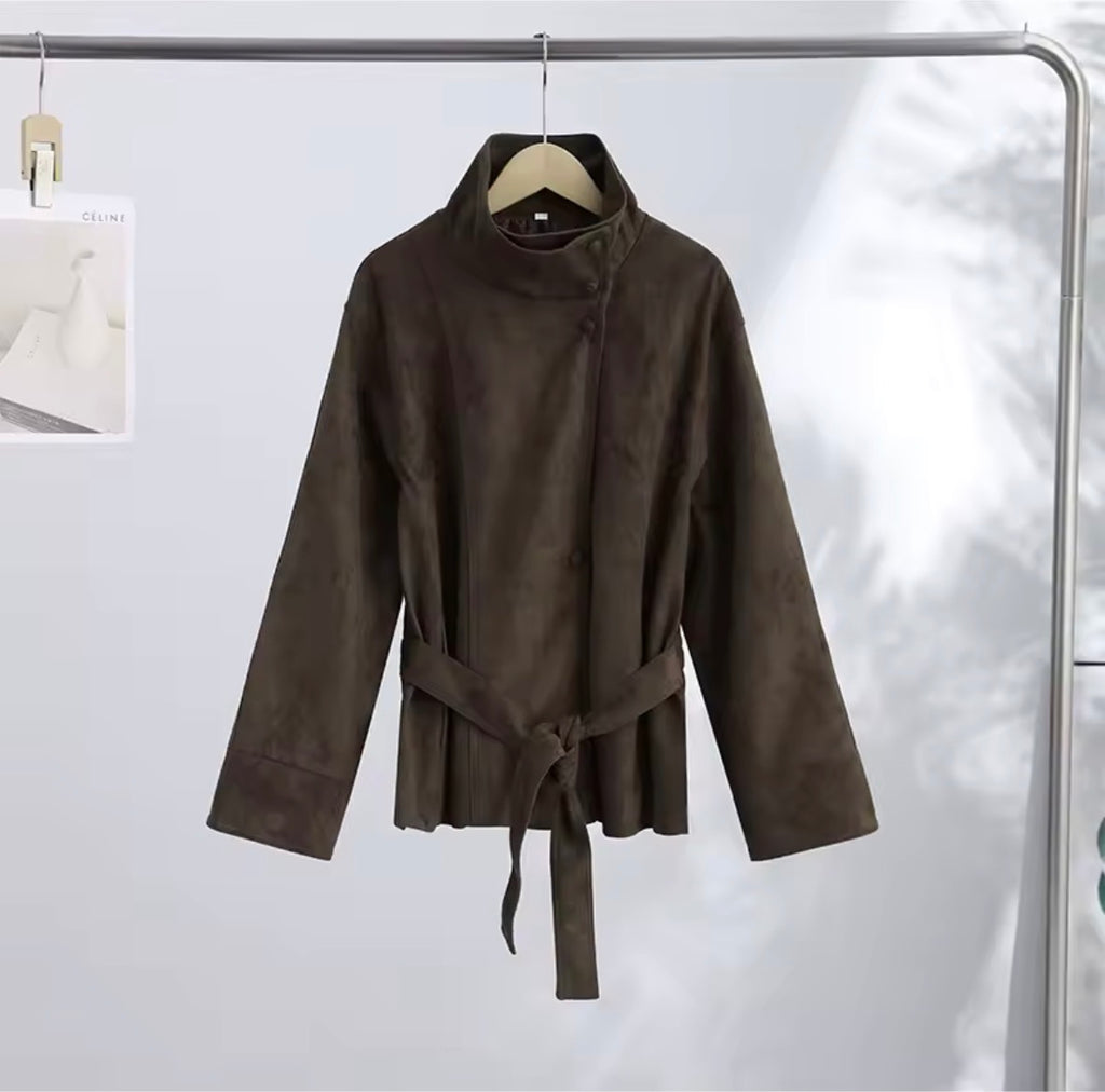 Faux Suede Belted Trench