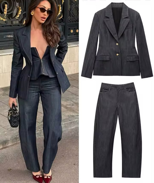 Cinched Waist Denim Blazer and Balloon Trousers Set