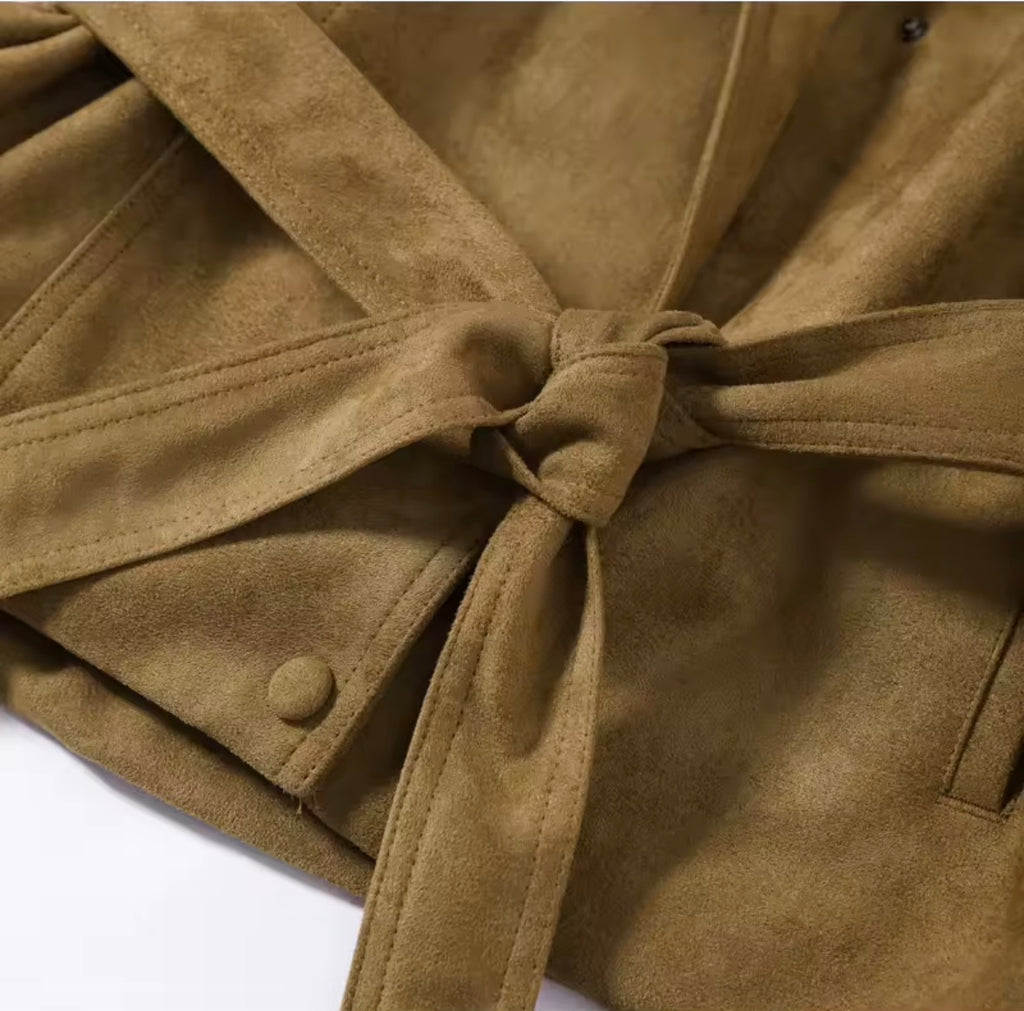Faux Suede Belted Trench