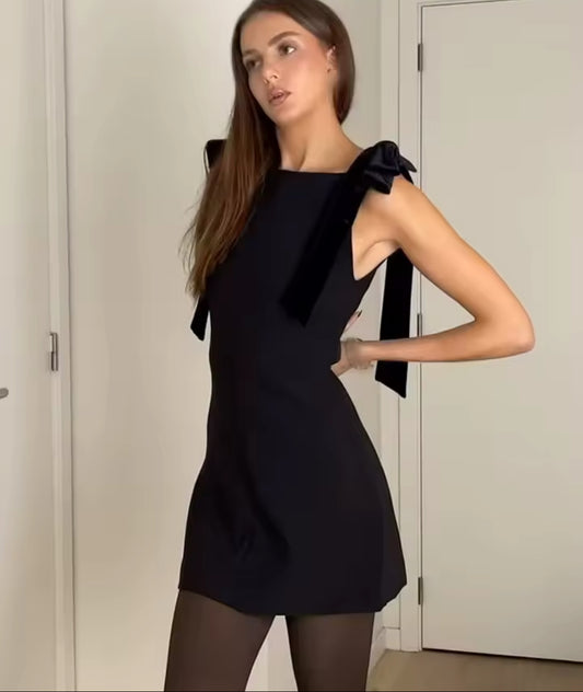 Black Mini Dress with Velvet Bows