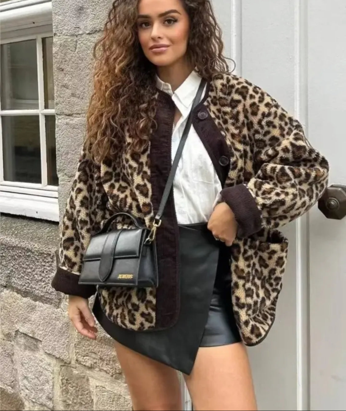 Fleece Leopard Print Jacket with Corduroy Trims