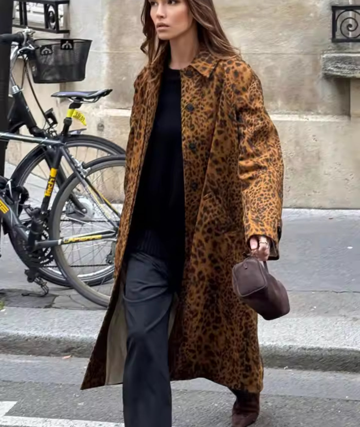 Women Long Leopard Print Fluffy Faux Fur Trench Coat
