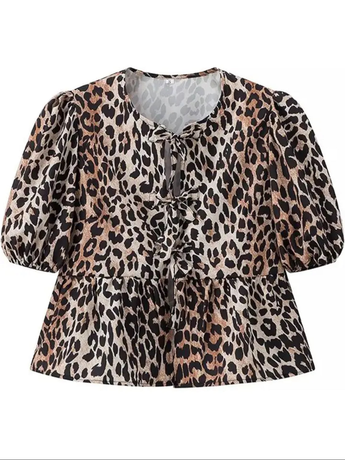 Leopard Print Puff Sleeve Peplum Bow Ties Blouse Short Top