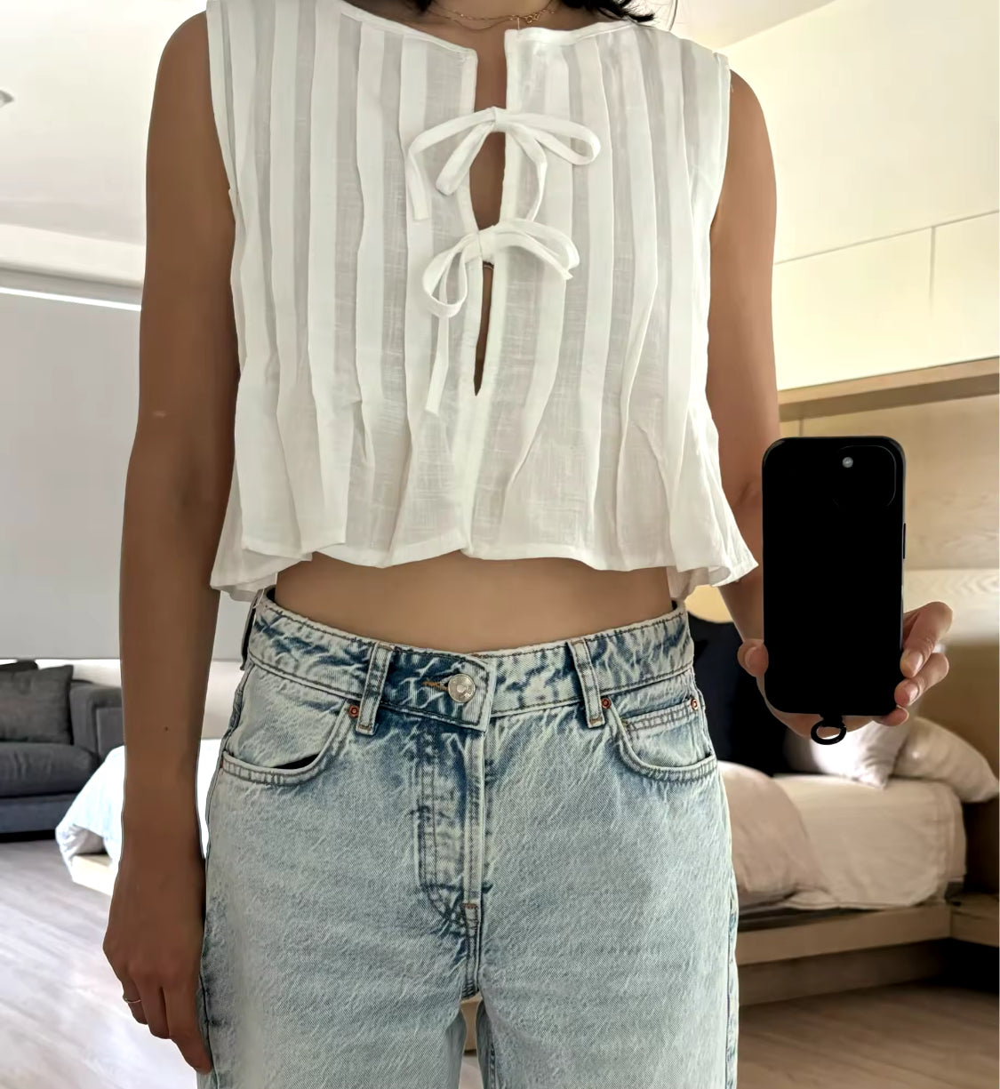 Sleeveless Pleated Top with Strings