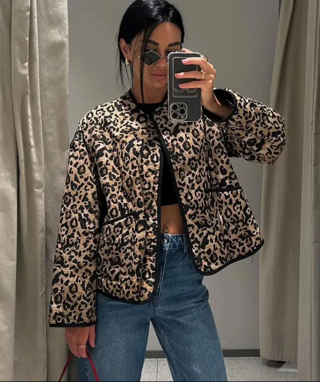 New Leopard Print Quilted Jacket with Trims