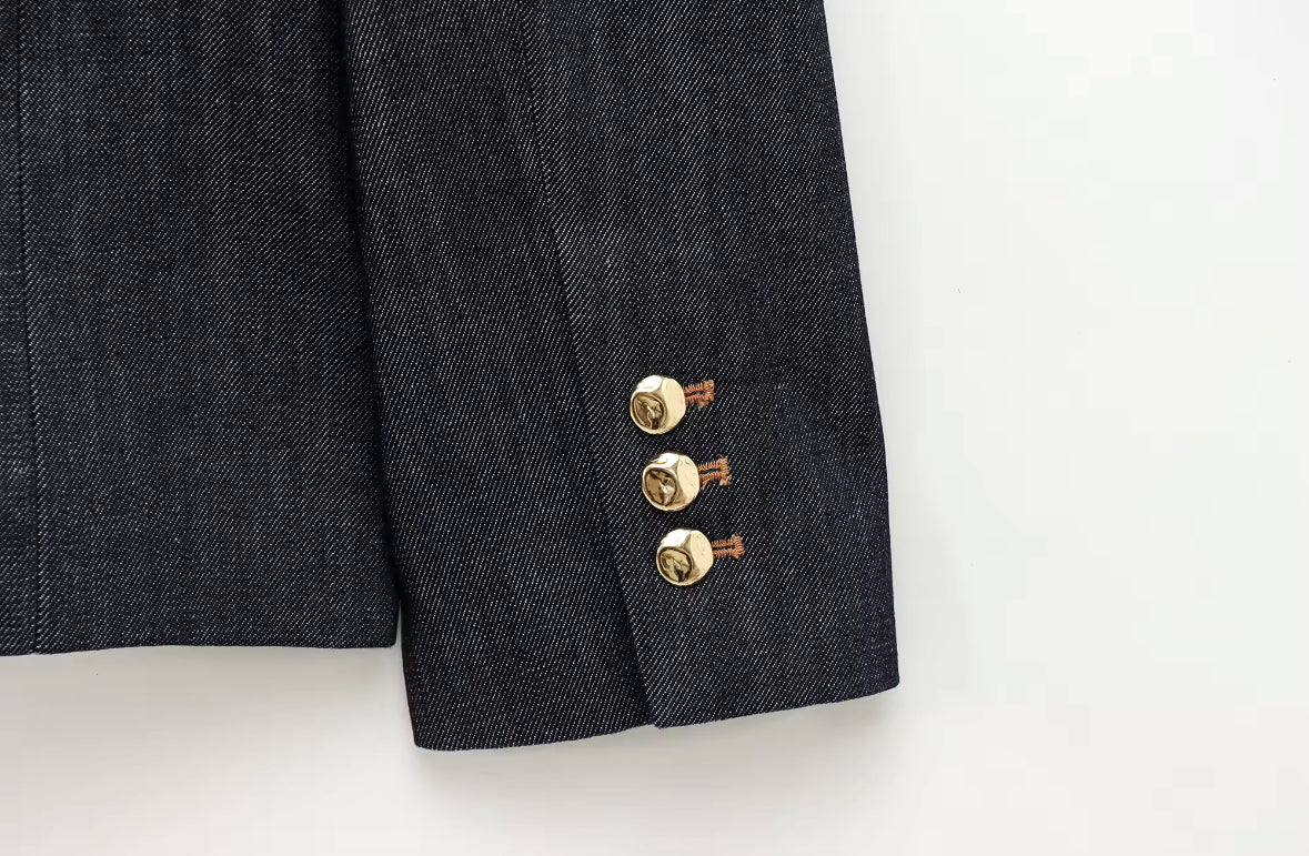 Cinched Waist Denim Blazer and Balloon Trousers Set