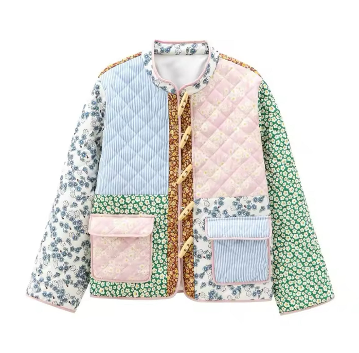Patchwork Print Jacket with Wooden Buttons