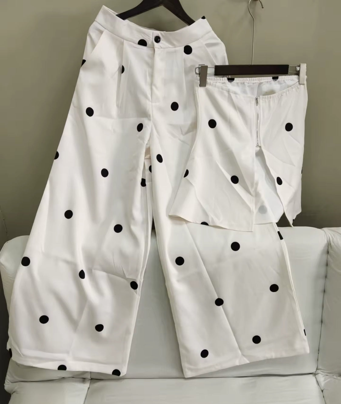 White Polka Dot Strapless Top and Wide Trousers Set