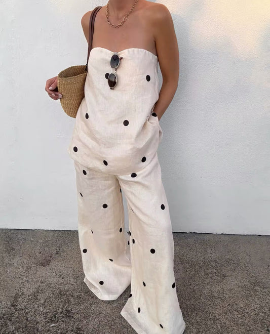 White Polka Dot Strapless Top and Wide Trousers Set