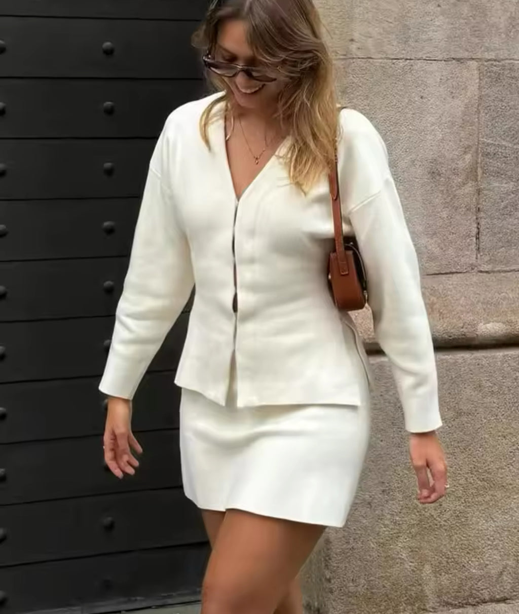 Cinched Waist Cardigan with Matching Skirt