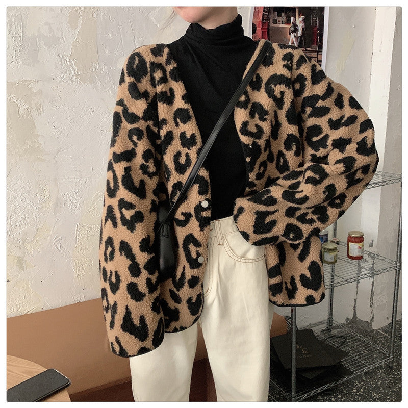 Leopard Print Fleece Oversized Jacket Coat