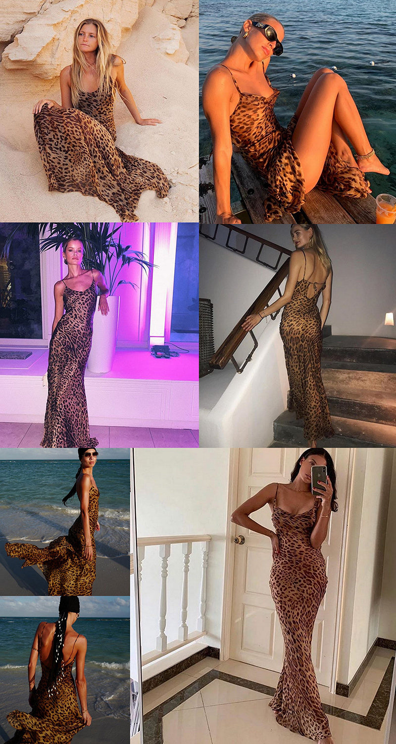 Leopard Cowl Neck Chiffon Sheer Maxi Long Sexy Dress