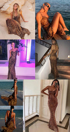 Leopard Cowl Neck Chiffon Sheer Maxi Long Sexy Dress