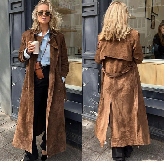 Faux Suede Trench Coat with Belt