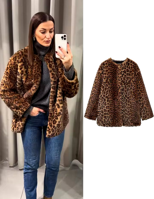 Brown Leopard Faux Fur Coat