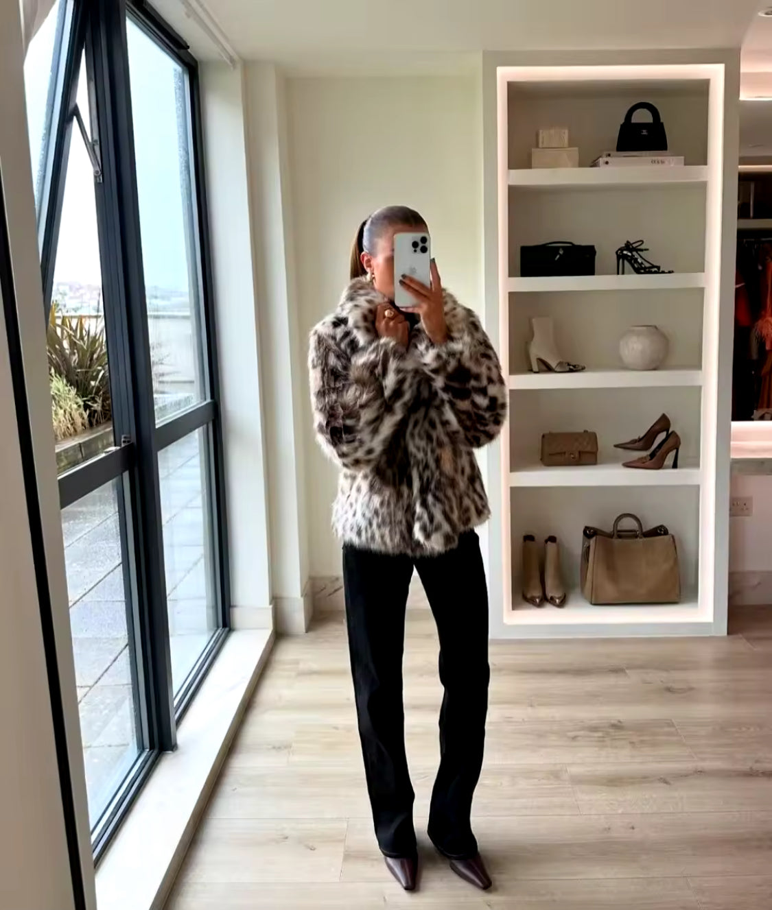 Collared Leopard Faux Fur Coat