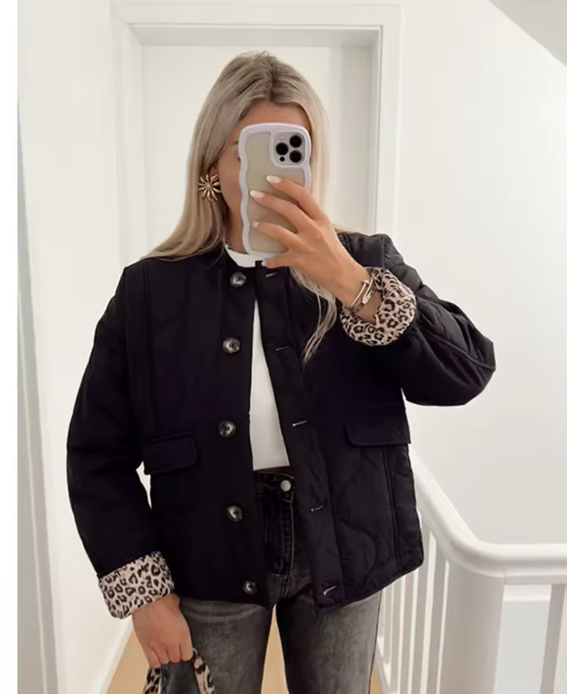 Quilted Jacket with Leopard Print Lining