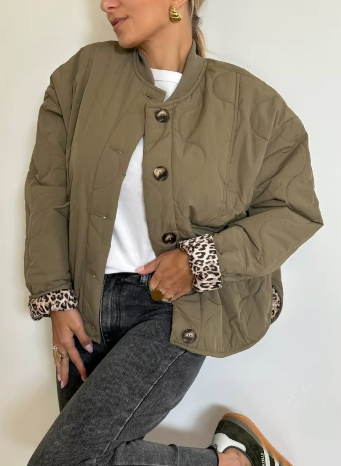 Quilted Jacket with Leopard Print Lining