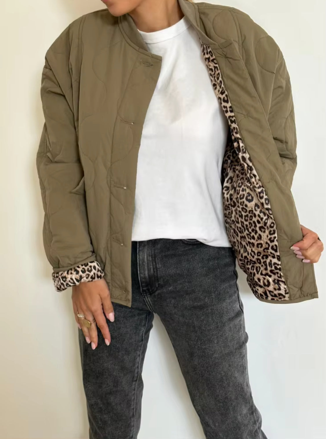 Quilted Jacket with Leopard Print Lining