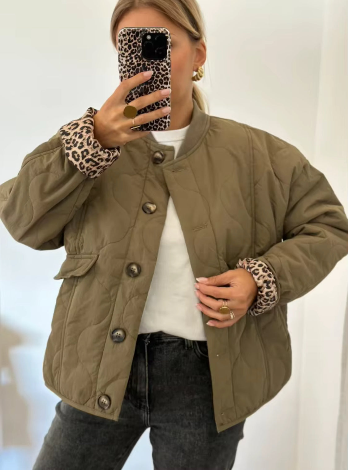 Quilted Jacket with Leopard Print Lining