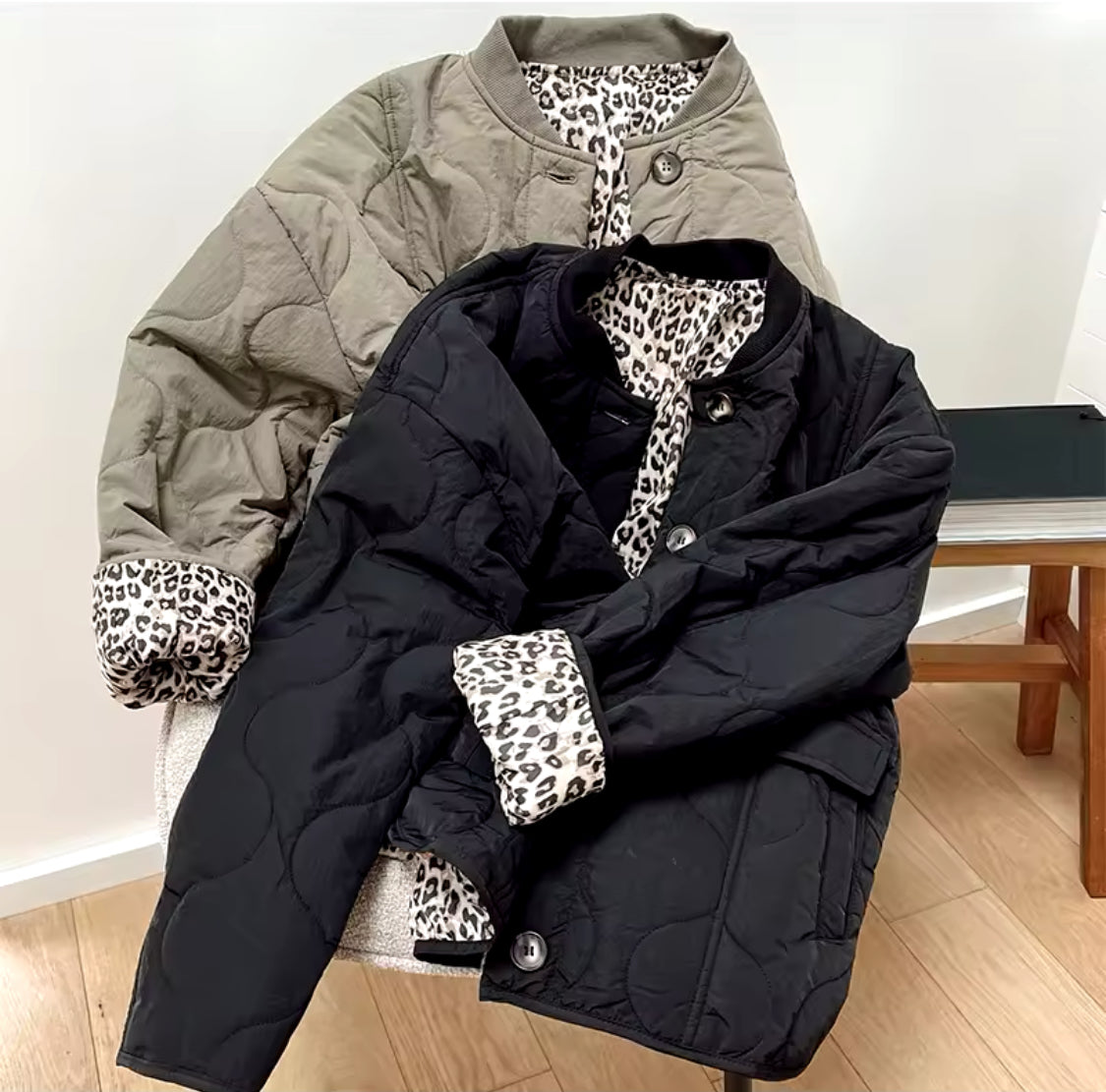 Quilted Jacket with Leopard Print Lining