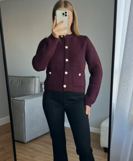 Burgundy Knit Cardigan with Pockets