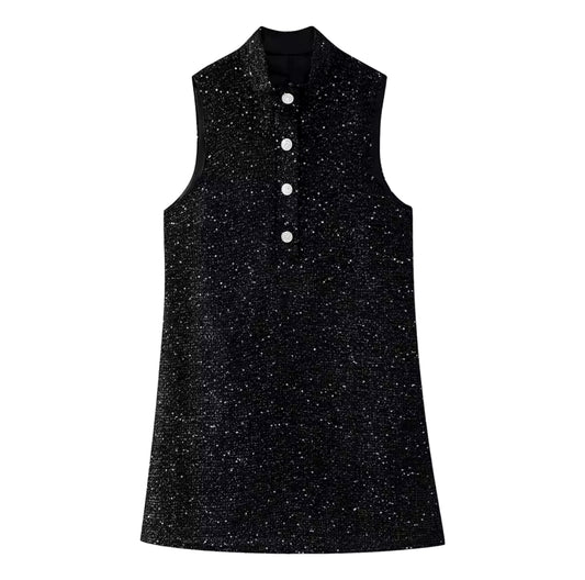 Black Mini Dress with Embellished Buttons