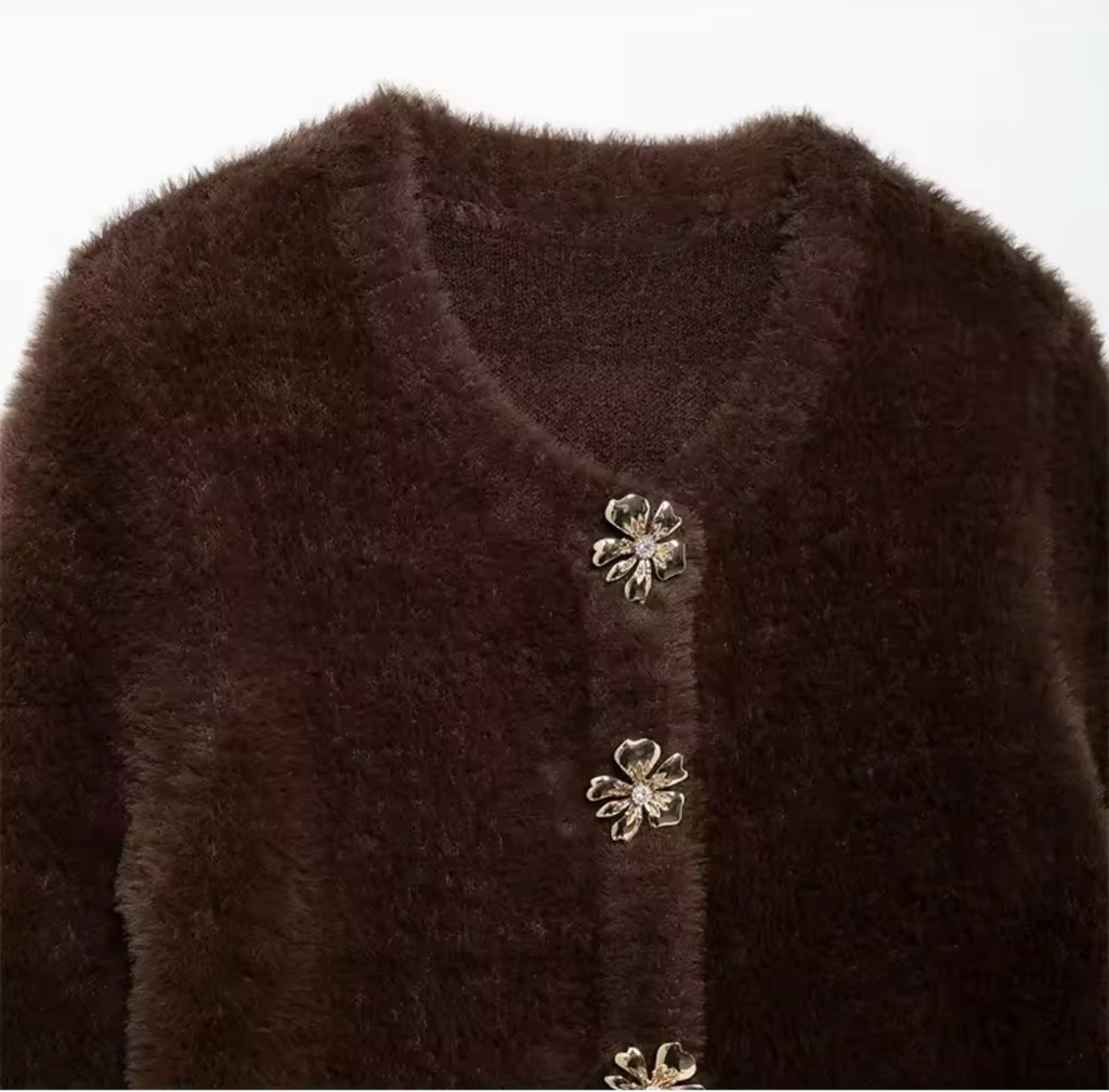 Brown Cardigan with Embellished Buttons