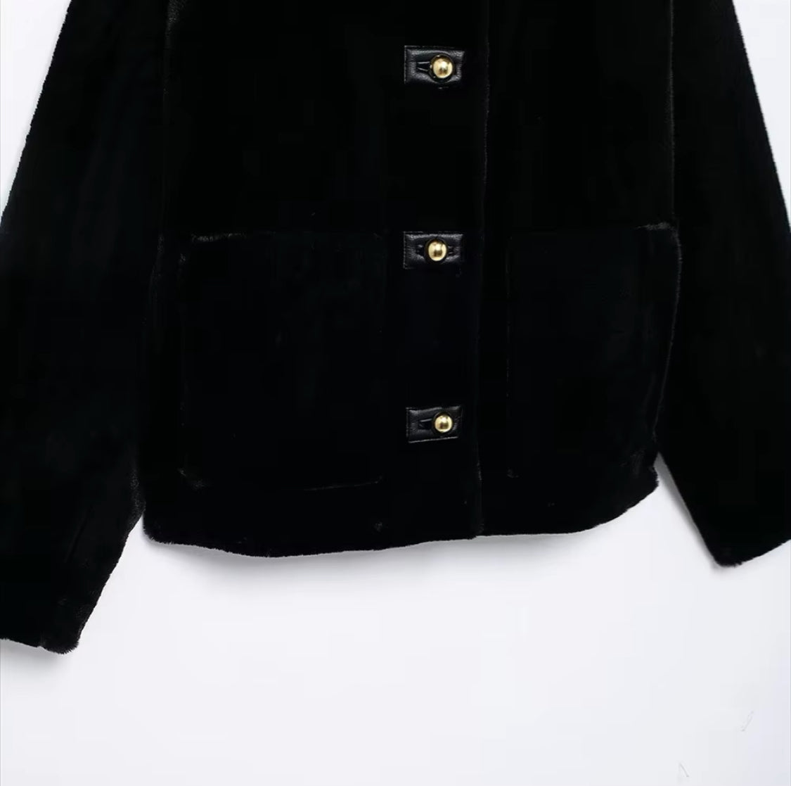 Black Faux Fur Coat with Gold Buttons