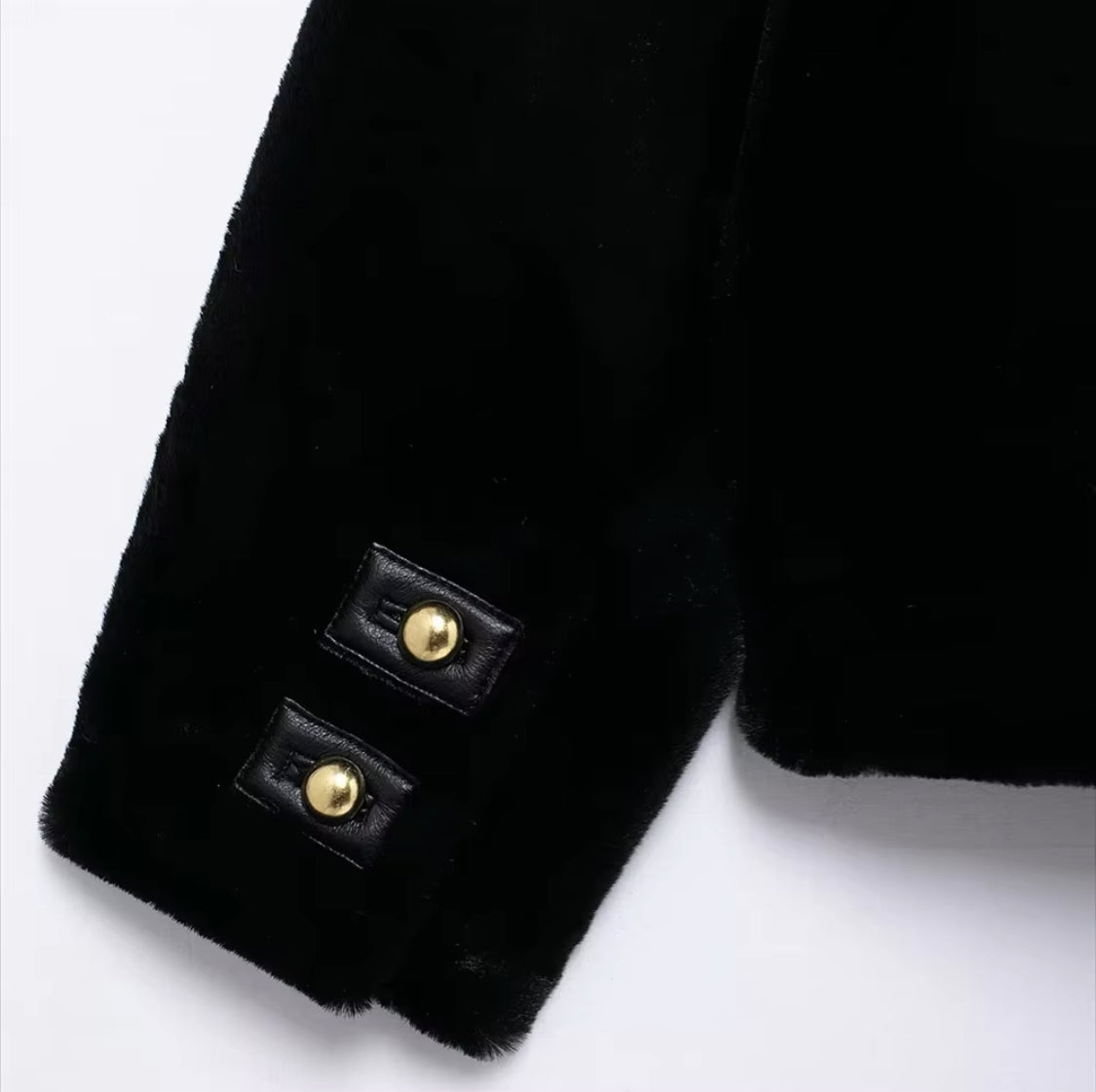 Black Faux Fur Coat with Gold Buttons