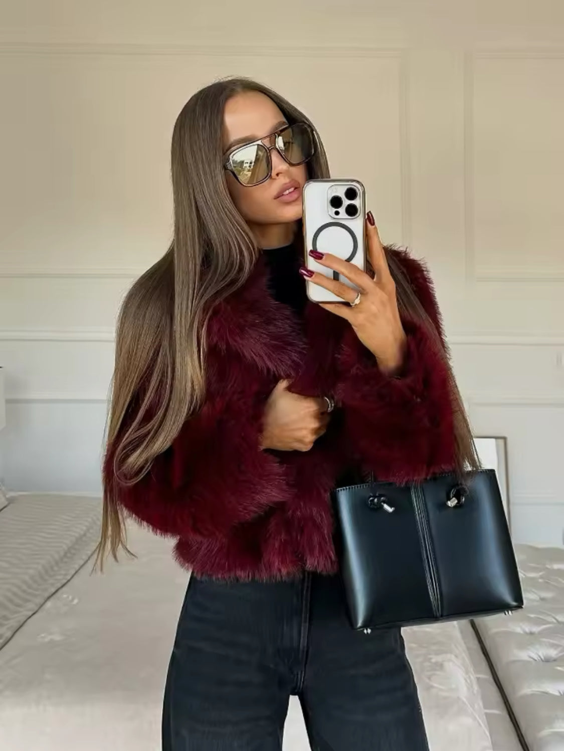 Burgundy Faux Fur Short Coat