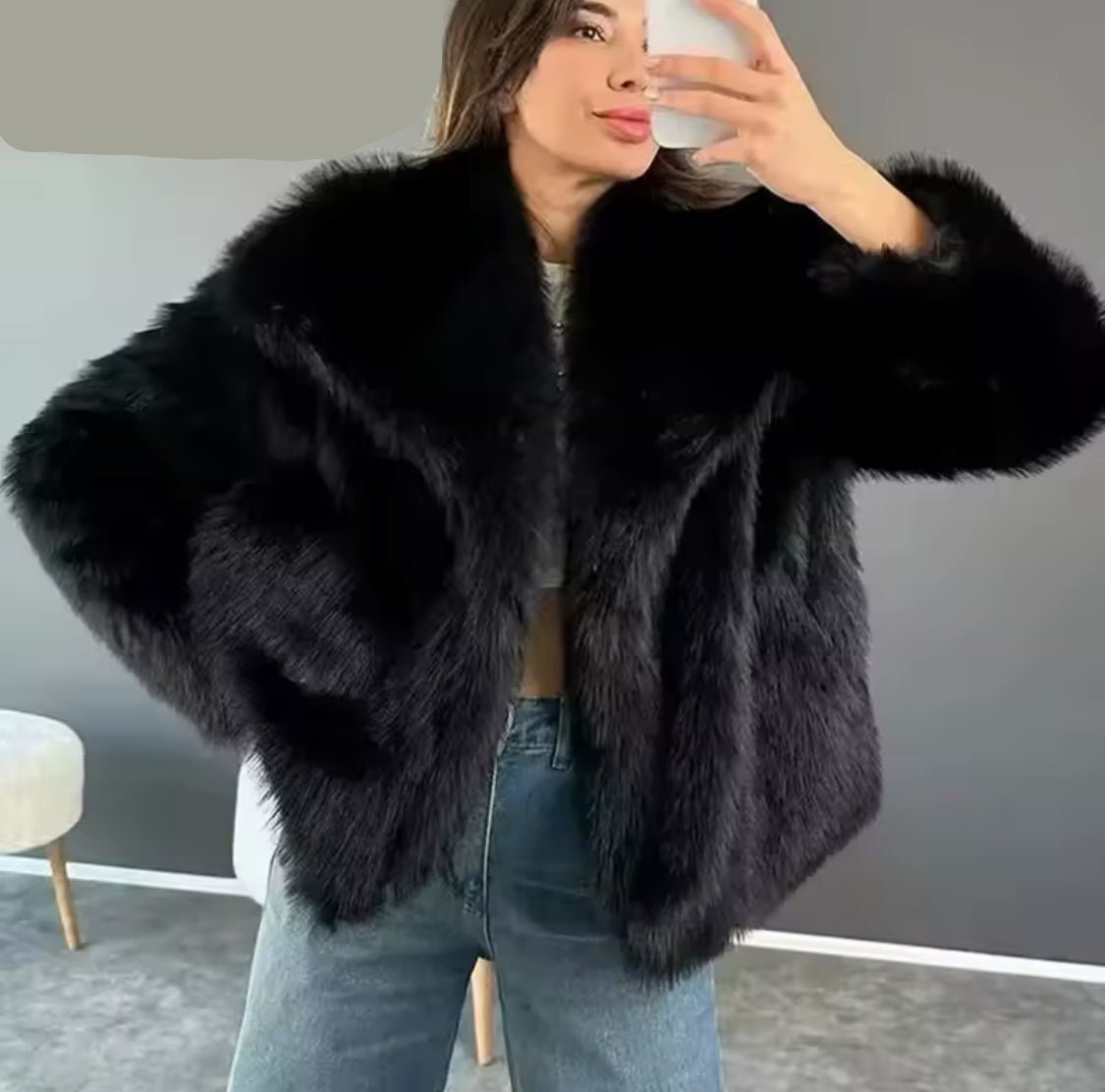 Faux Fur Long Hair Single-Breasted Short Jacket