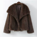 Brown Faux Fur Long Hair Wide Collar Short Jacket