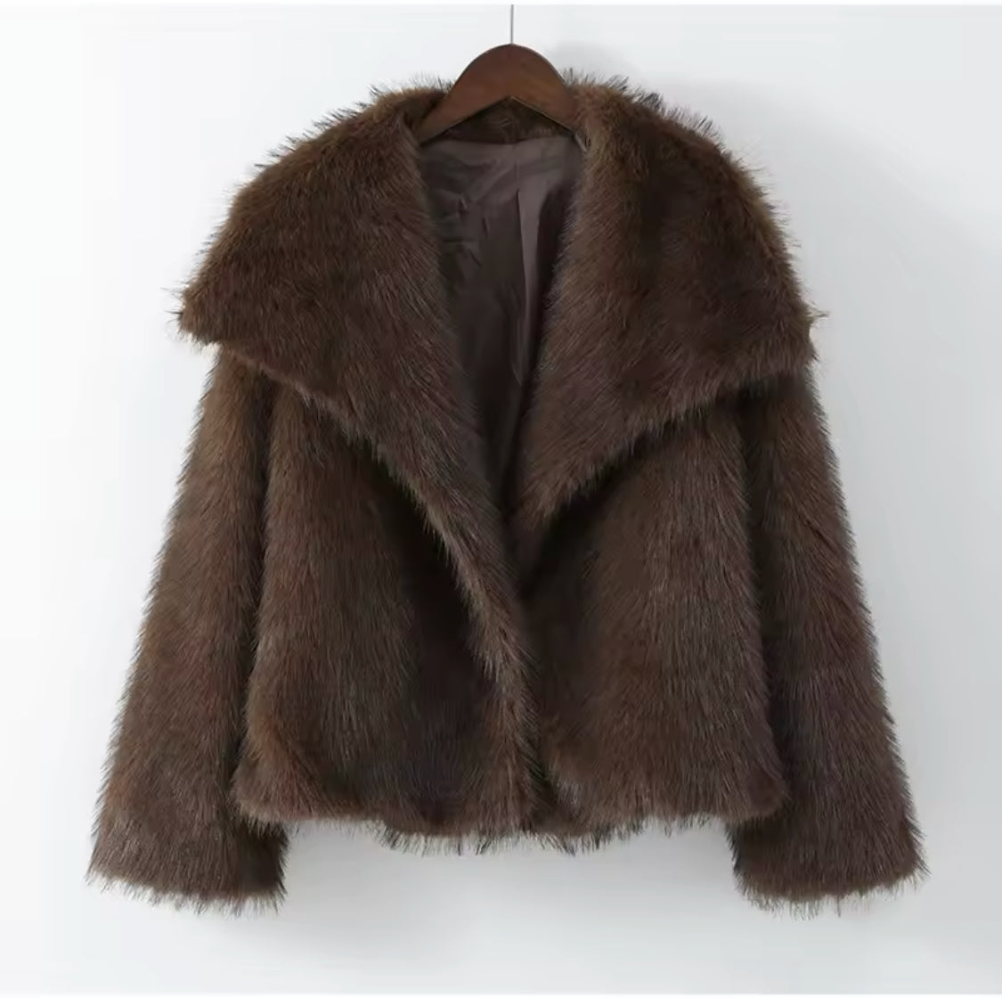 Brown Faux Fur Long Hair Wide Collar Short Jacket