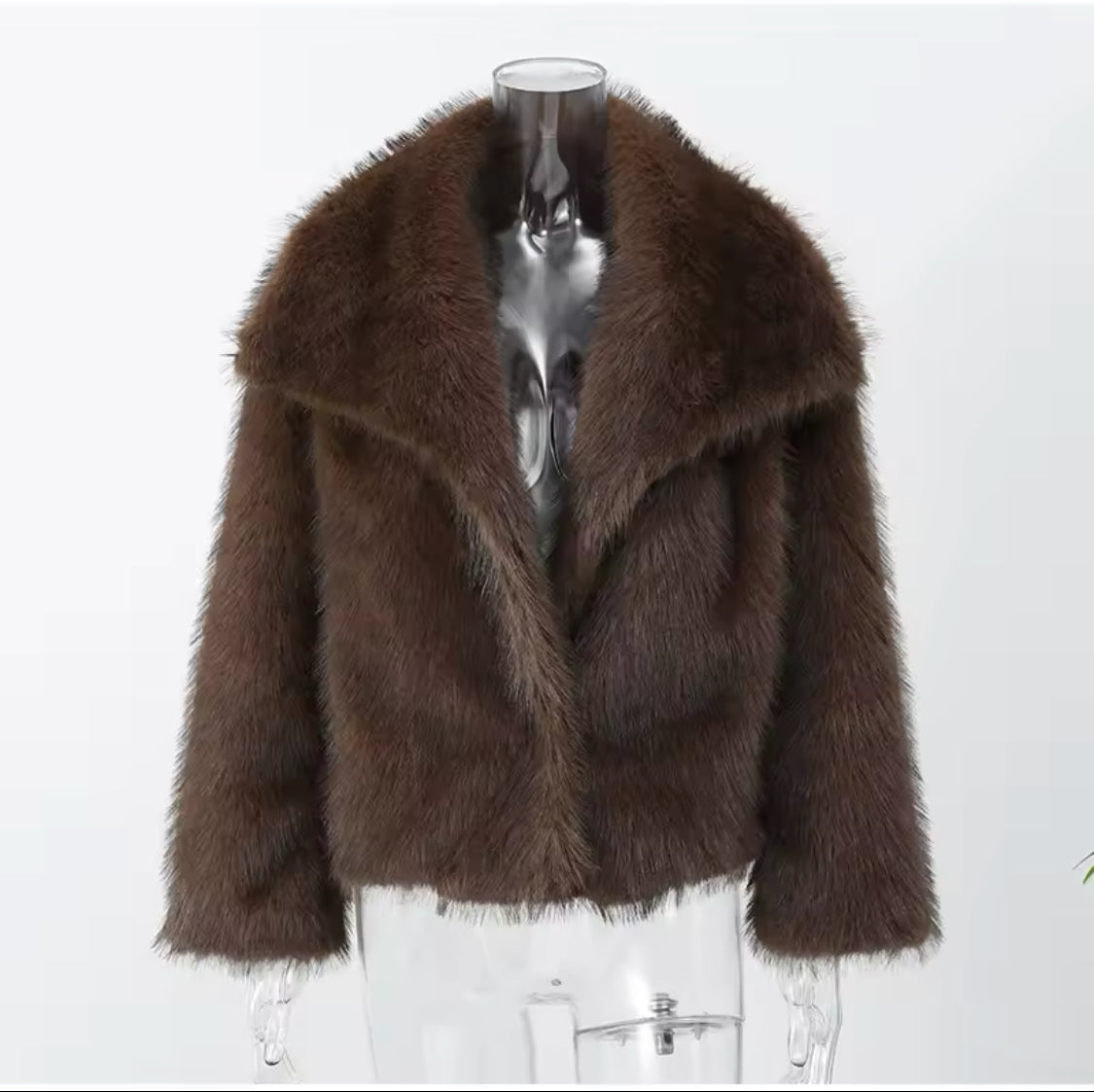 Brown Faux Fur Long Hair Wide Collar Short Jacket