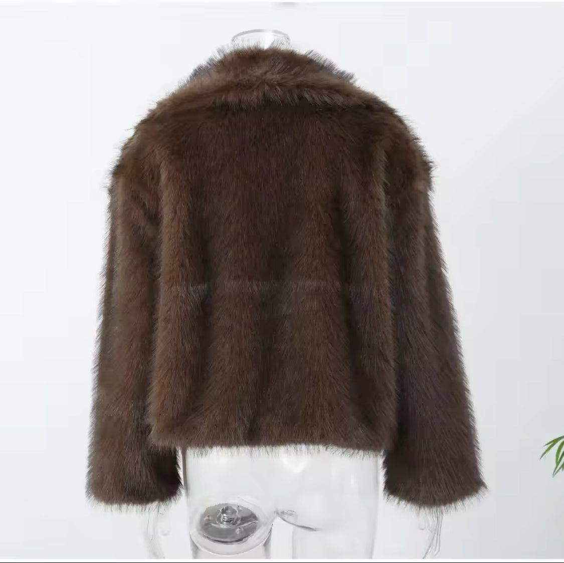 Brown Faux Fur Long Hair Wide Collar Short Jacket