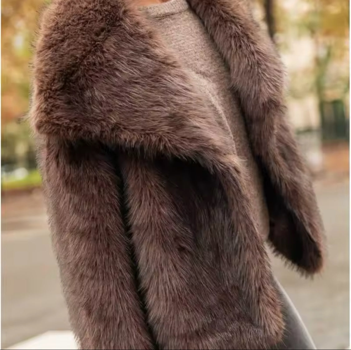 Brown Faux Fur Long Hair Wide Collar Short Jacket