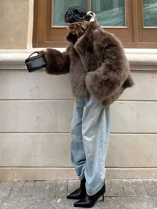 Brown Faux Fur Collared Coat