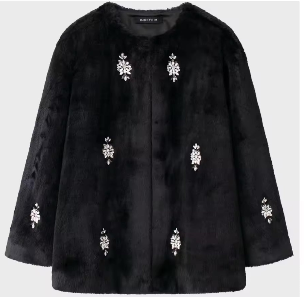 Black Faux Fur Coat with Rhinestone Details