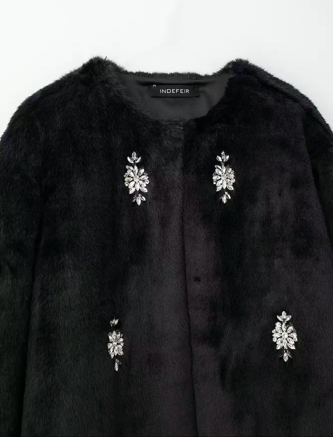 Black Faux Fur Coat with Rhinestone Details