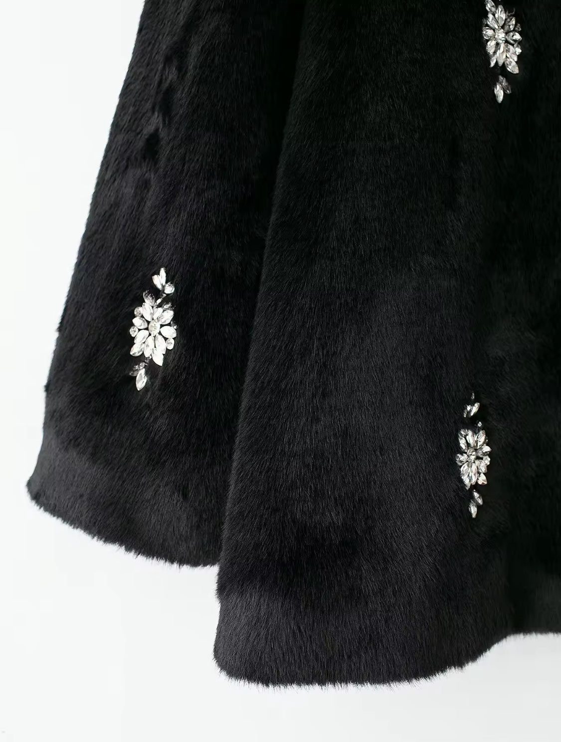 Black Faux Fur Coat with Rhinestone Details