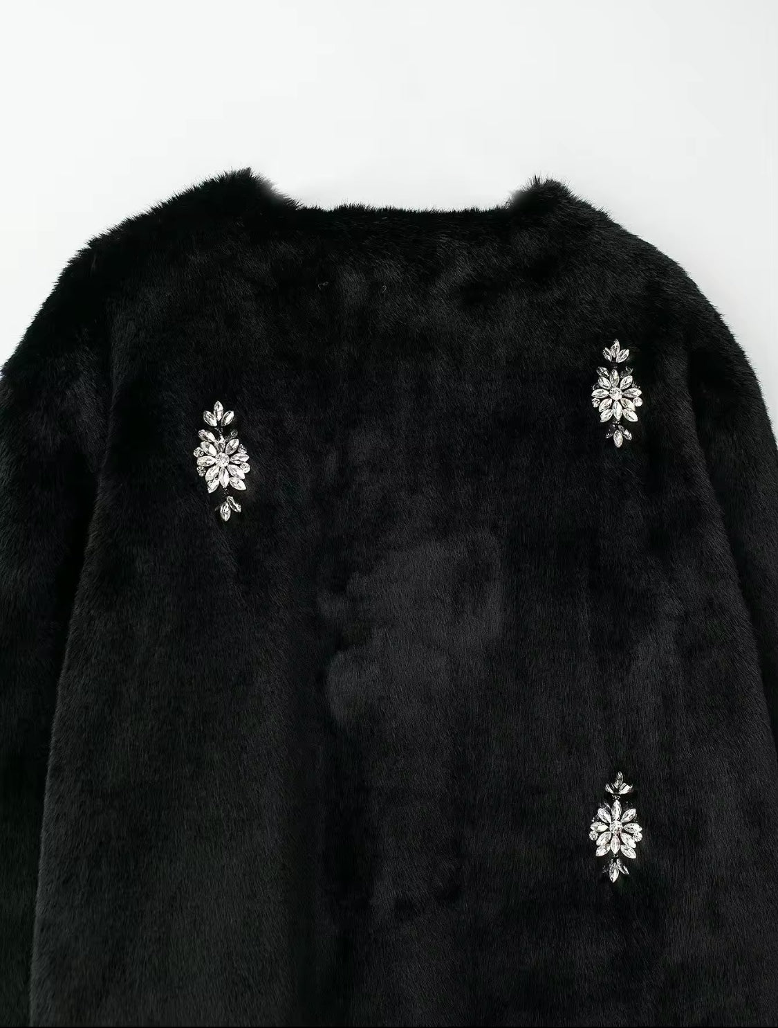 Black Faux Fur Coat with Rhinestone Details