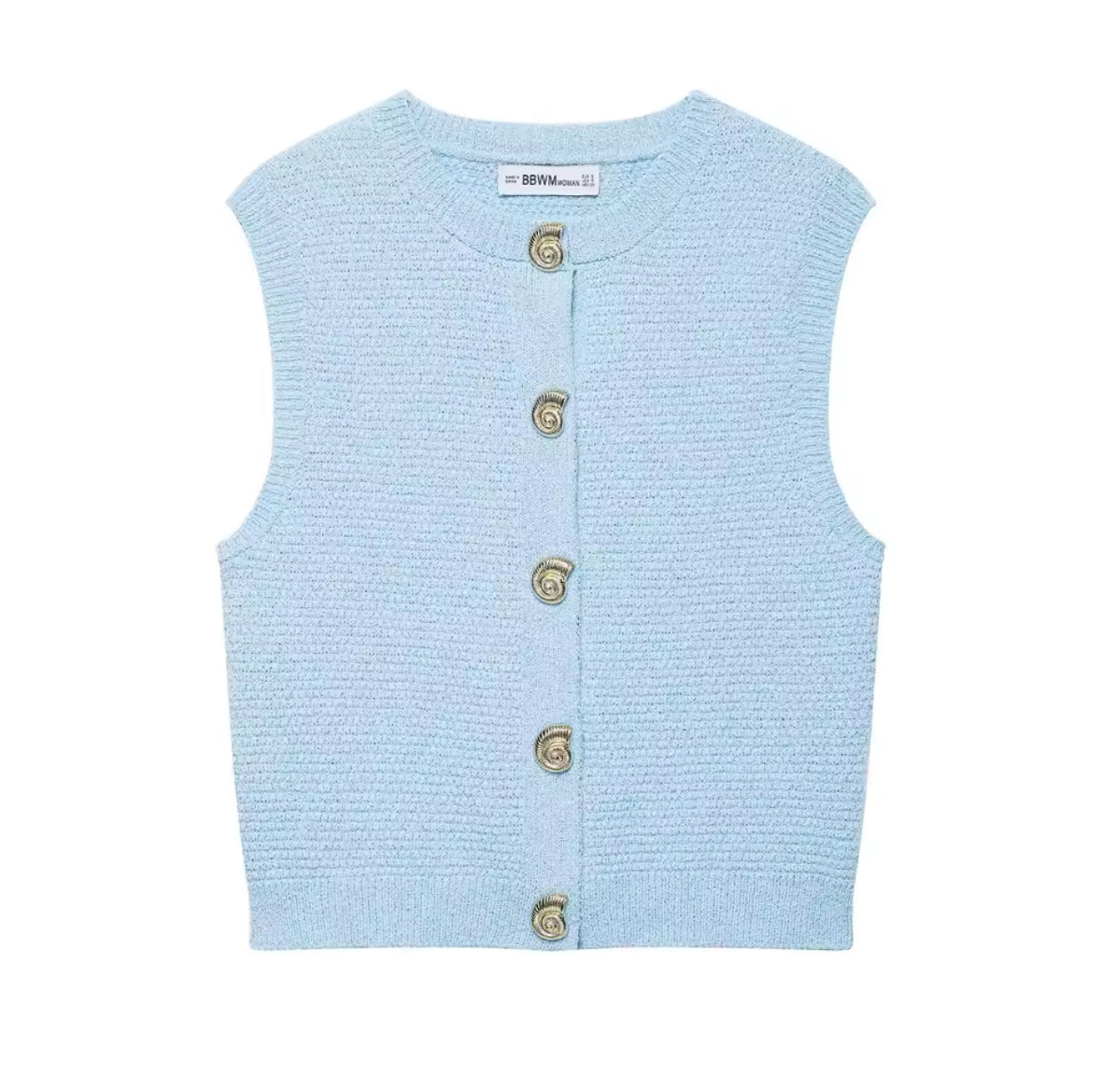 Blue Chunky Knit Gilet with Seashell Buttons