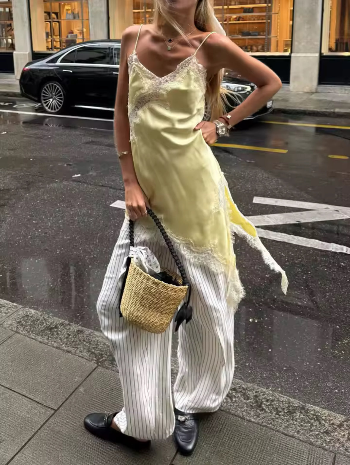 Asymmetric Satin Lace Slip Dress