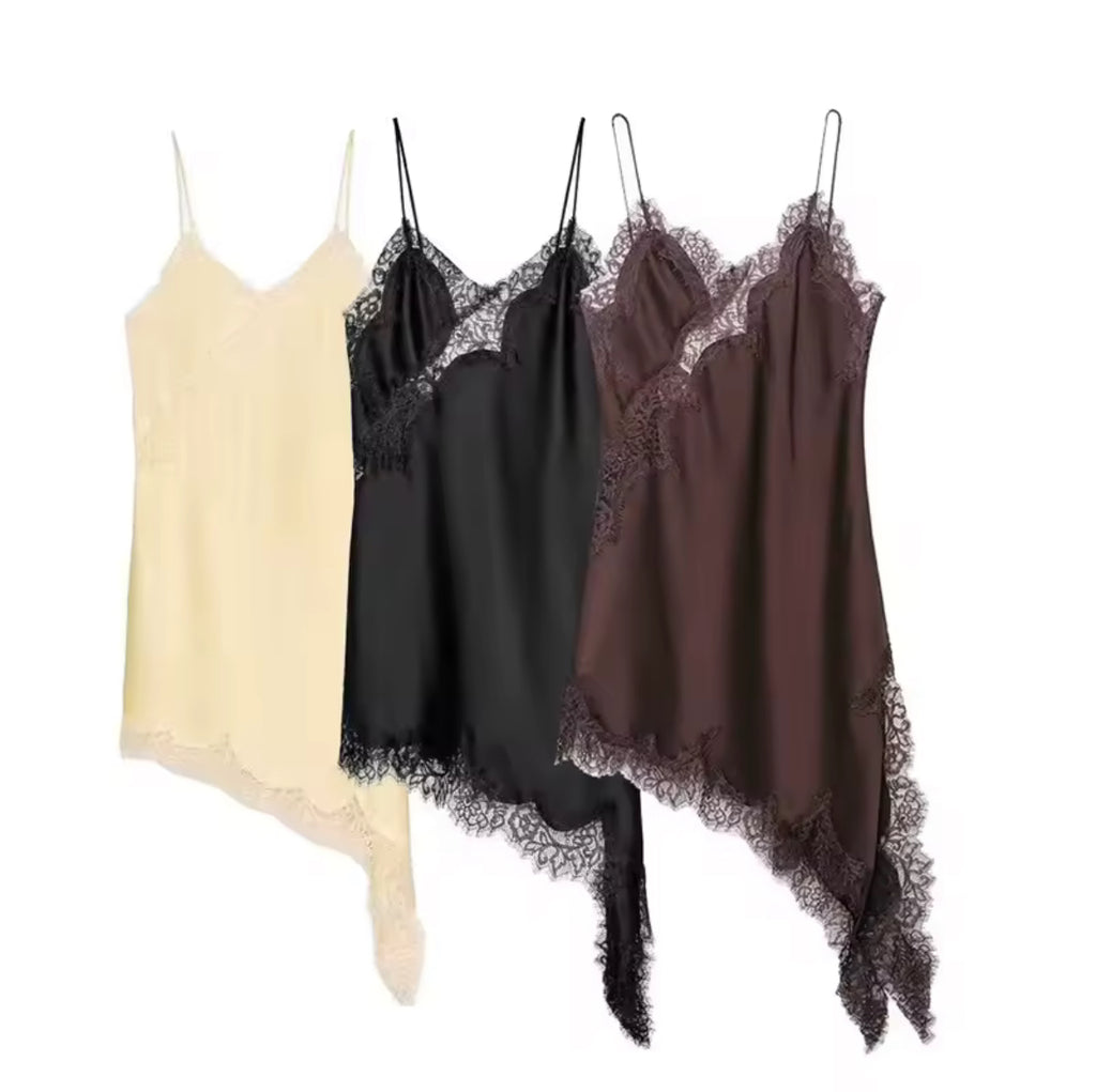 Asymmetric Satin Lace Slip Dress