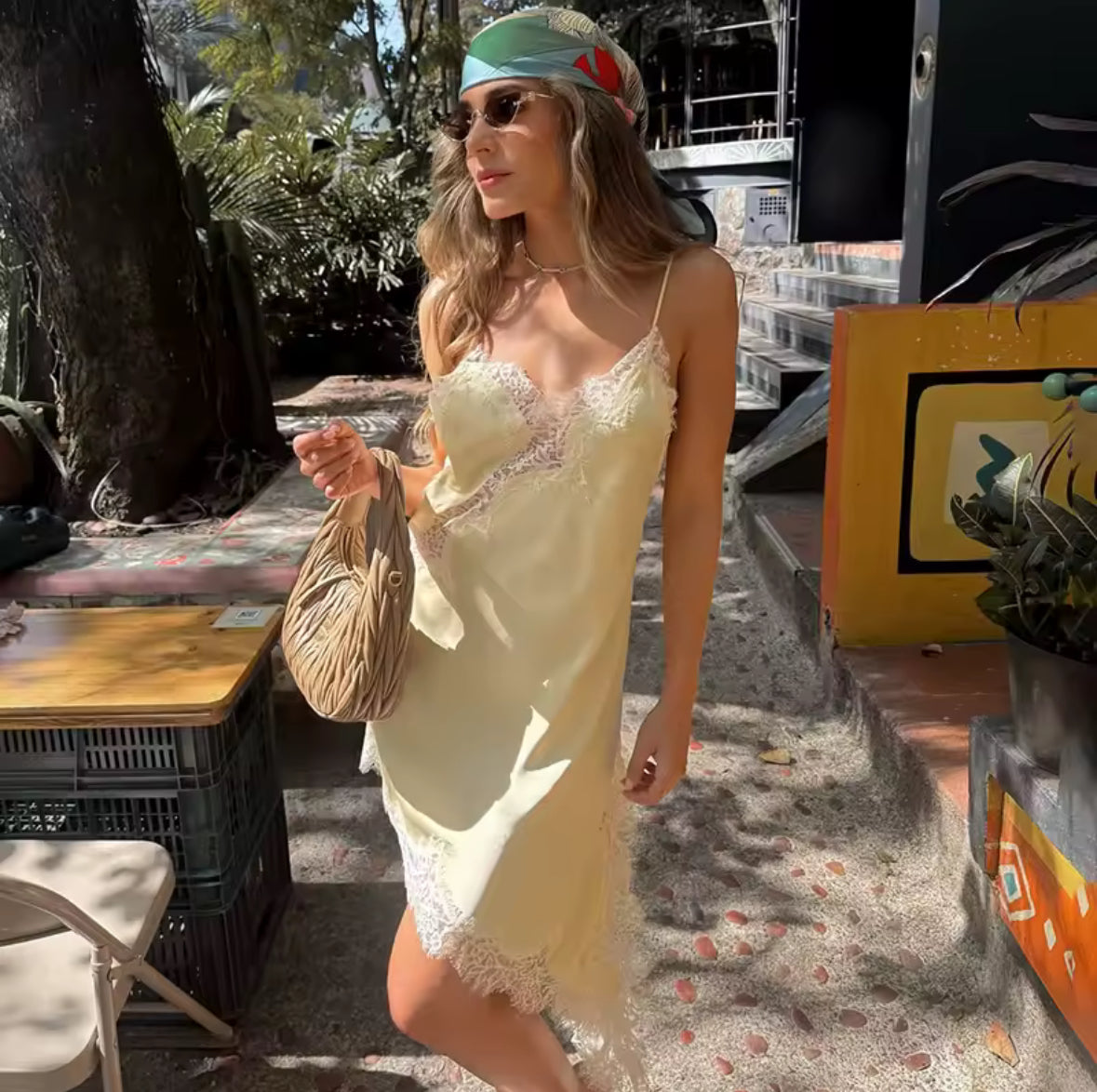 Asymmetric Satin Lace Slip Dress