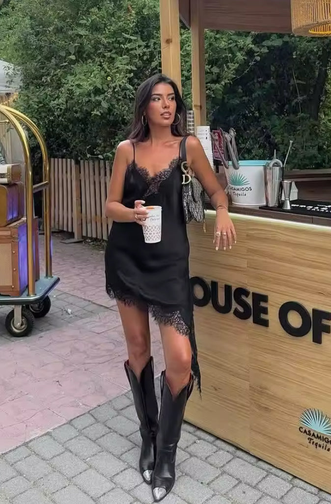 Asymmetric Satin Lace Slip Dress