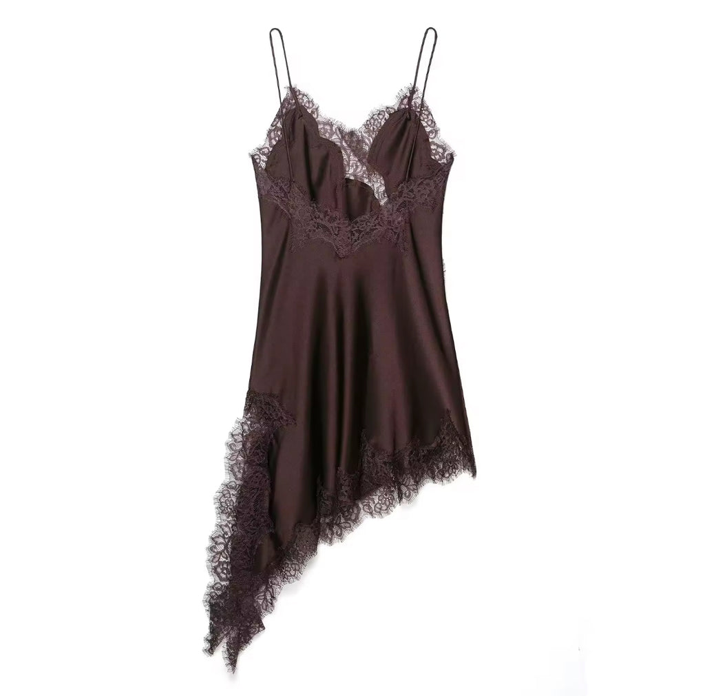 Asymmetric Satin Lace Slip Dress