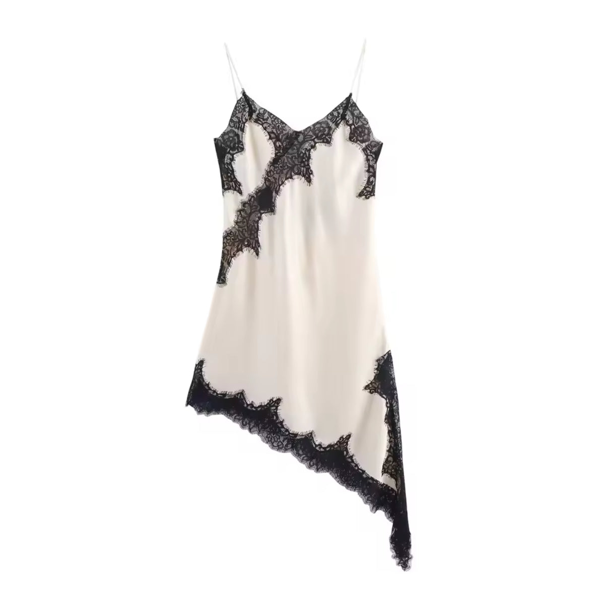 Asymmetric B&W Satin Lace Slip Dress